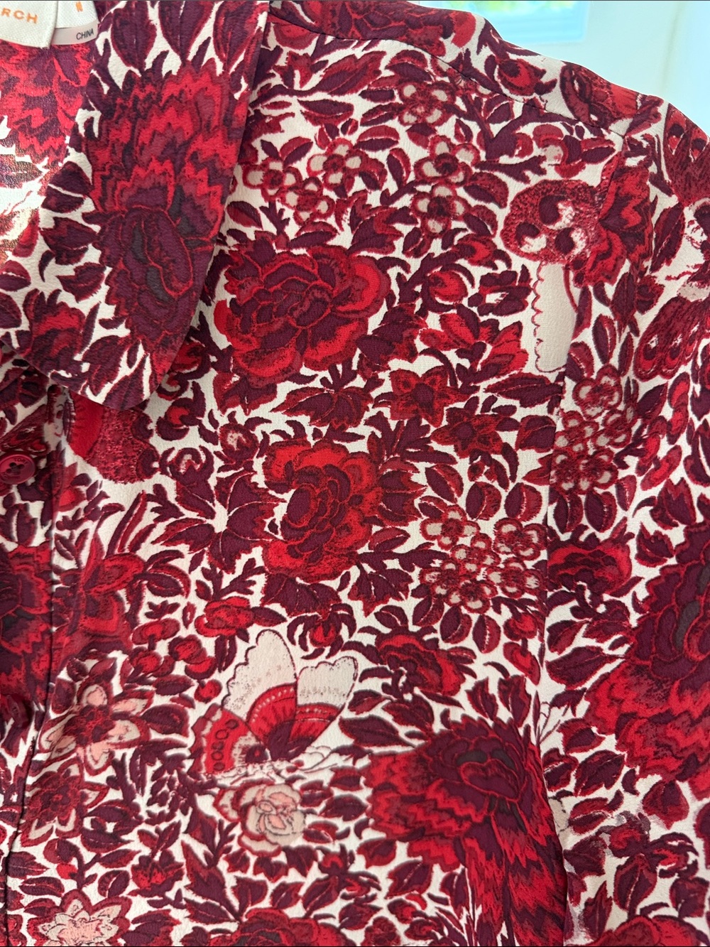 Tory Burch Cream and Red Floral Collared Blouse - Picture 3 of 10